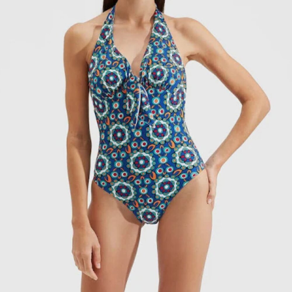 La Double J Bow Halter One-Piece Swimsuit in Kaleidoscope Bluette